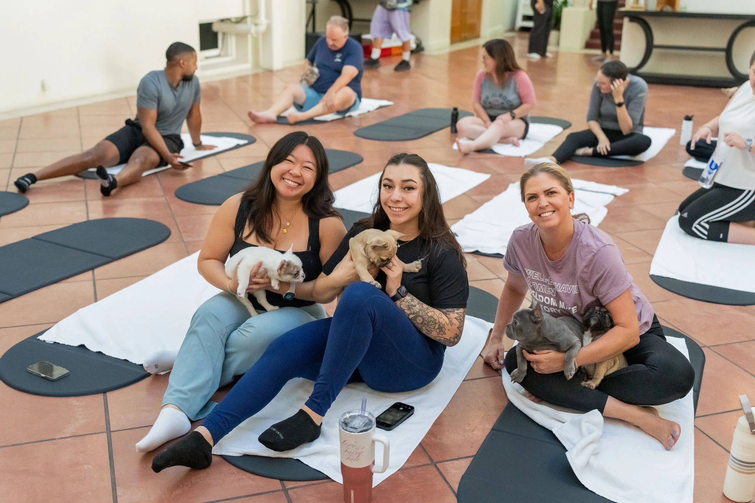 Multiple people sitting on mats and white towels on a tiled floor, some holding puppies, in a social or training setting.
