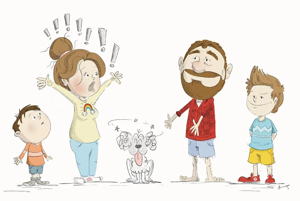 Cartoon family with two children, a woman, a man, and a dog, all smiling and interacting in a playful scene.