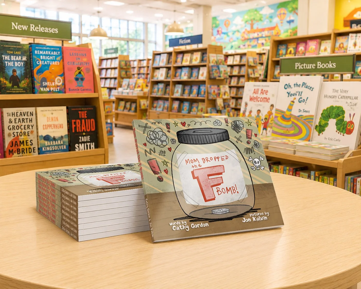 Cover of Mom Dropped the F-Bomb by Cathy Gordon featuring a colourful swear jar illustration by Jon Kalvin.