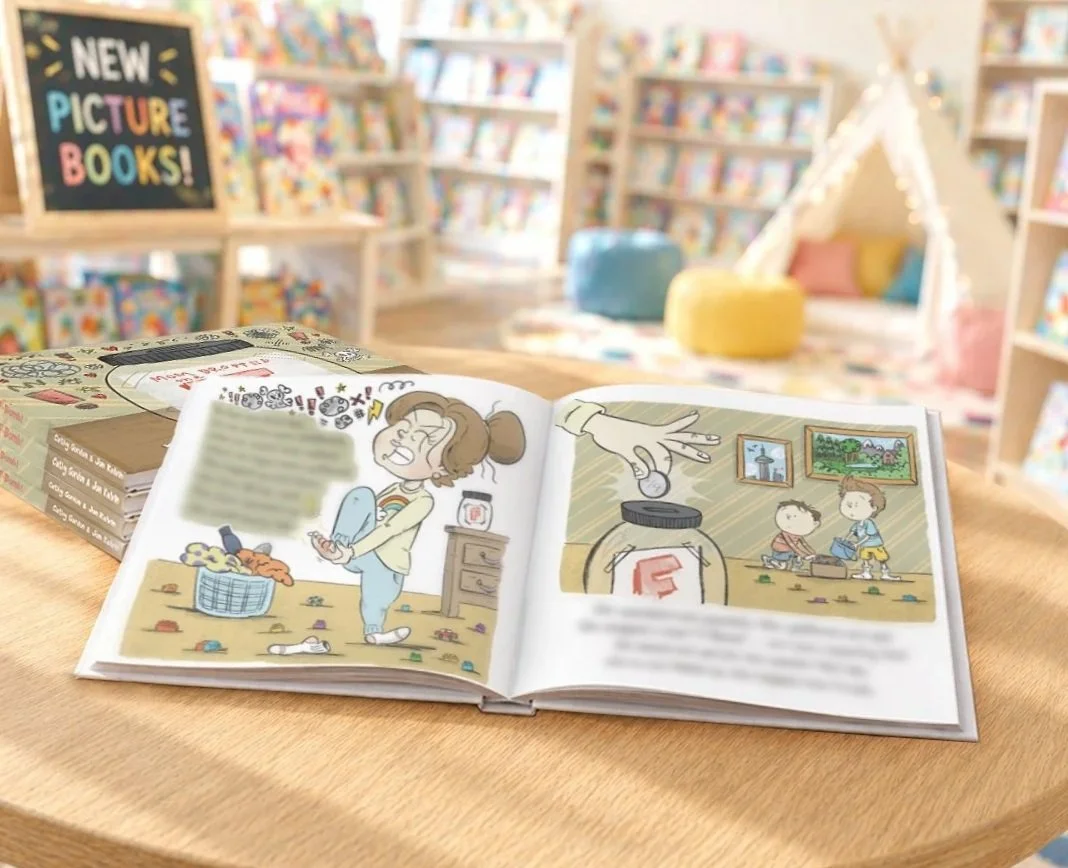 An open children's picture book sitting on a wooden table in a colorful bookstore or library with shelves filled with books in the background. The book features illustrations of children and a person in a cozy, playful setting.