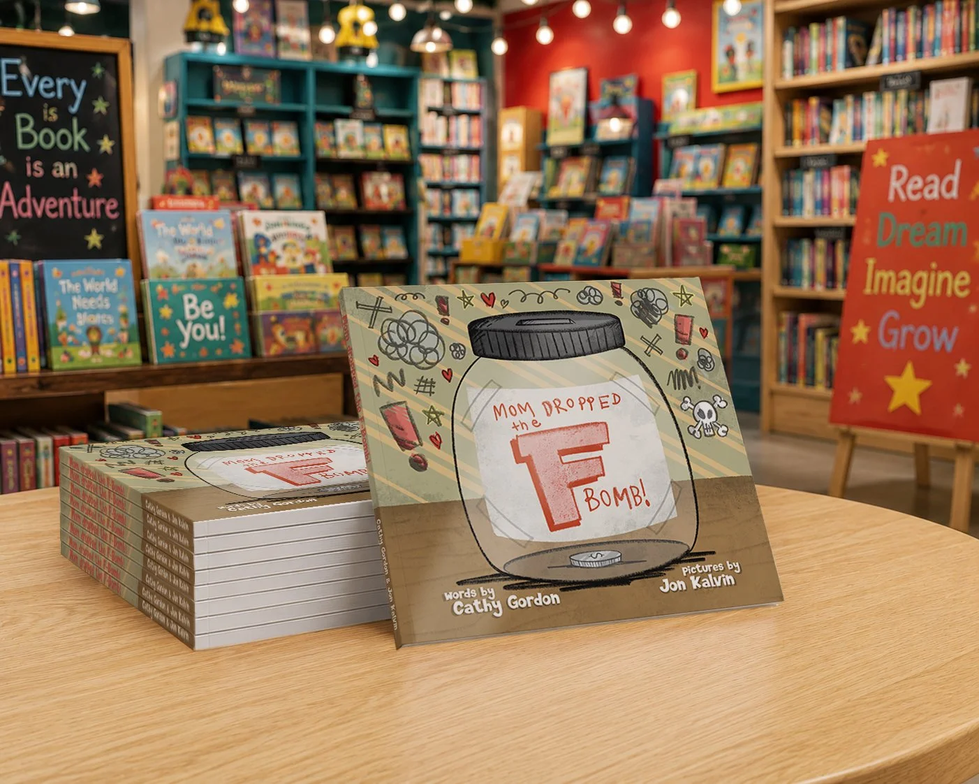 Mom Dropped the F-Bomb displayed in a bright independent bookstore setting as a humorous gift book for parents and families.