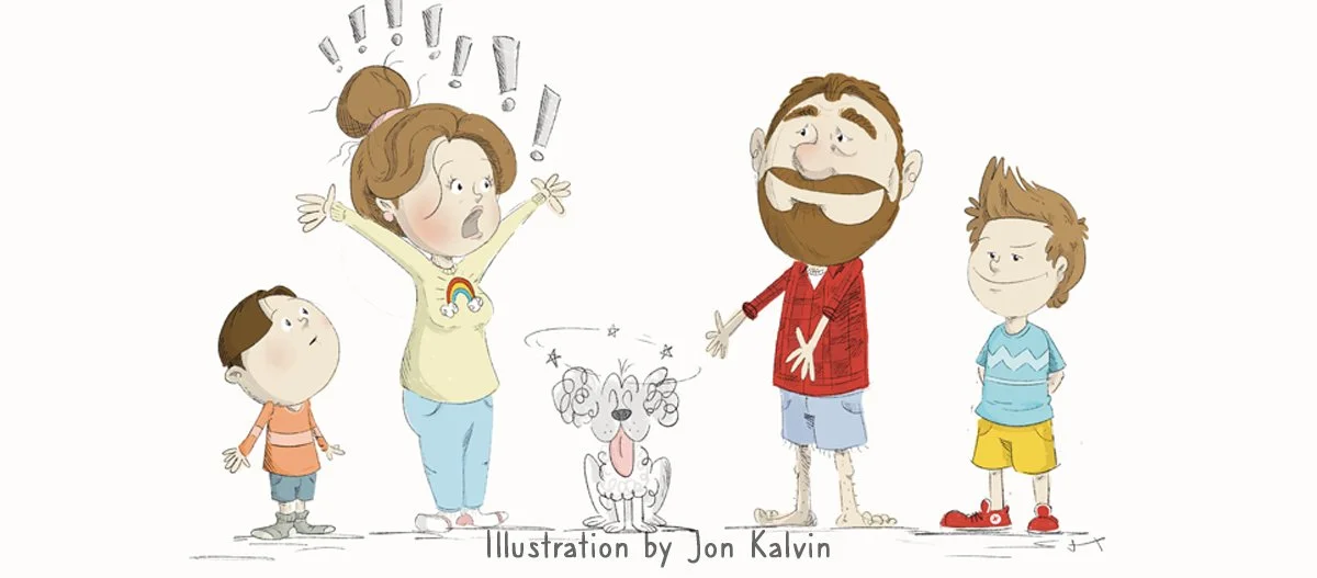 Illustrated family characters from Mom Dropped the F Bomb, including mom, two young boys, dad, and their dog in a warm, playful style.