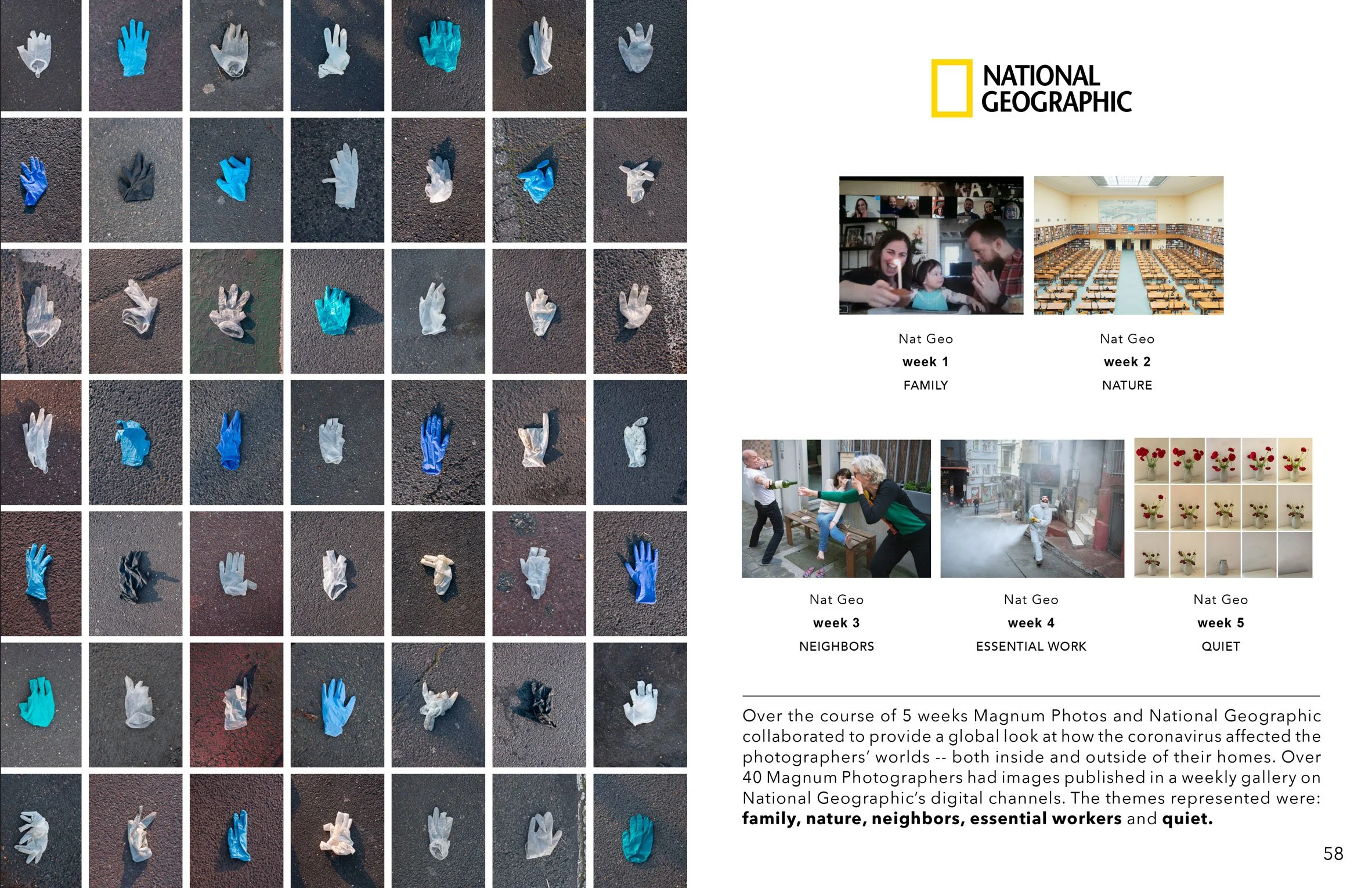 A collage of photographs showing people, objects, and scenes related to the coronavirus pandemic, including a grid of gloves, a family at home, a classroom, people singing, a street scene, and a flower arrangement.