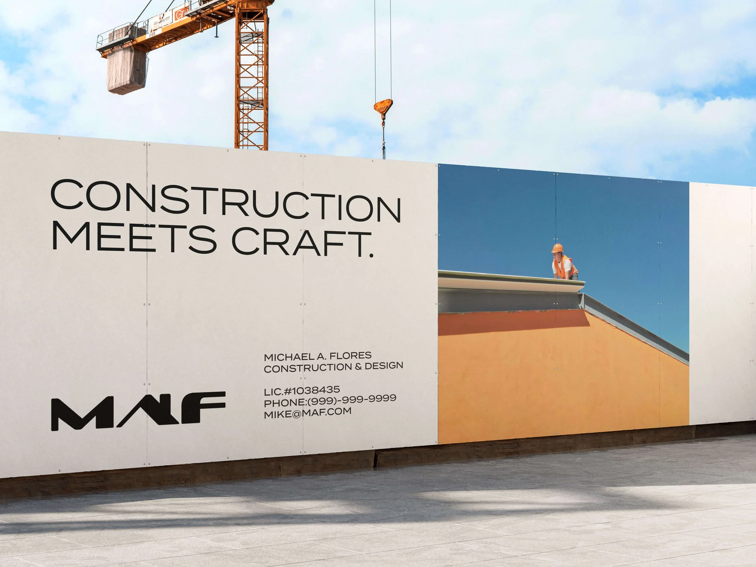 Construction worker in orange safety vest and hard hat inspecting a construction site with a large sign that reads 'Construction Meets Craft' and a construction crane in the background.