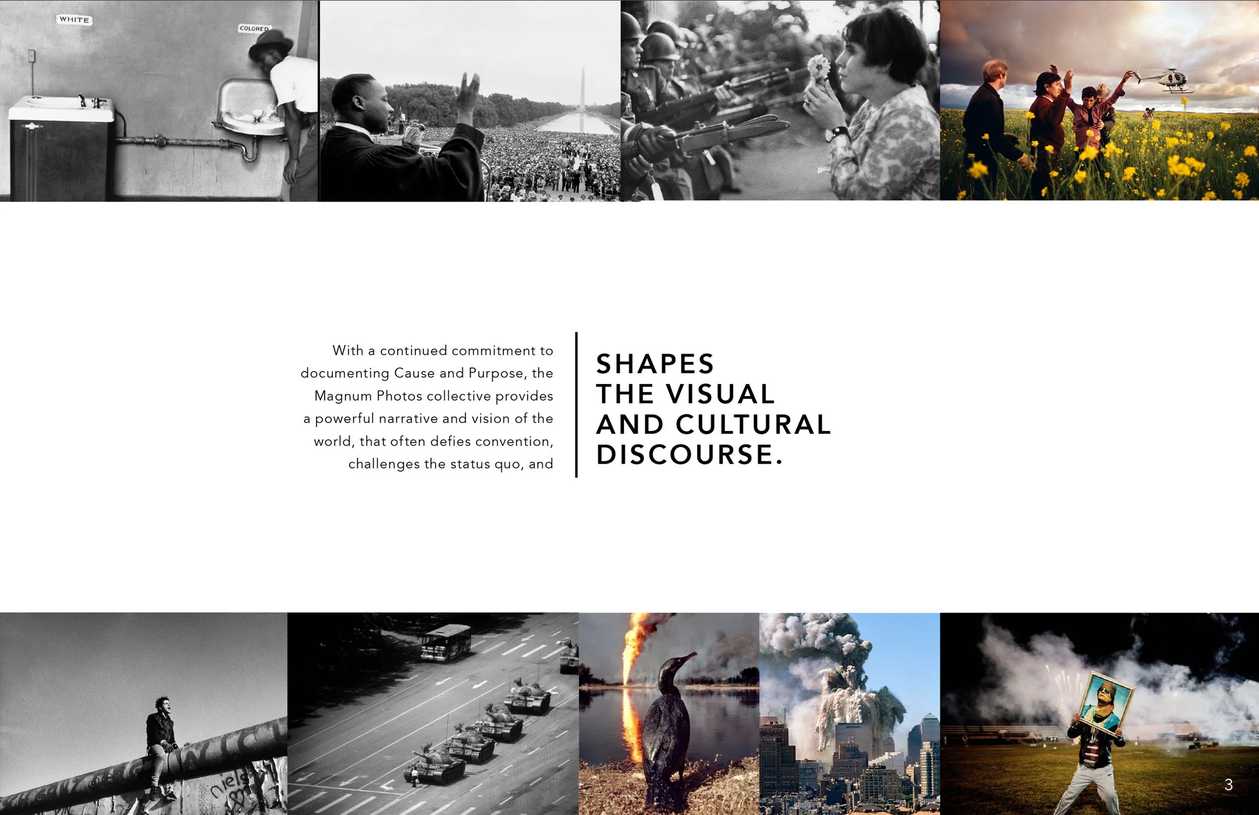 A collage of images showing social and political activism, protests, military and war scenes, natural disasters, and cultural expressions, representing a narrative of societal change and upheaval.