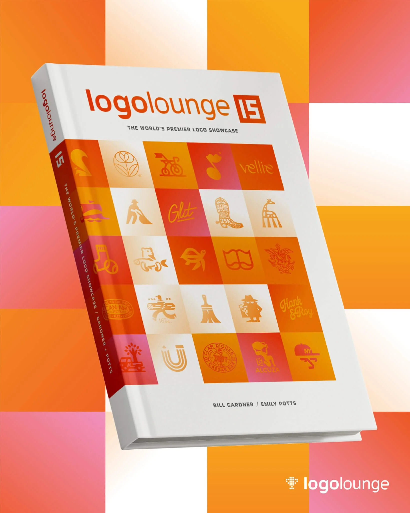 A book titled "logolounge15" featuring logos on its cover, placed against a background with orange, white, and pink gradient squares.