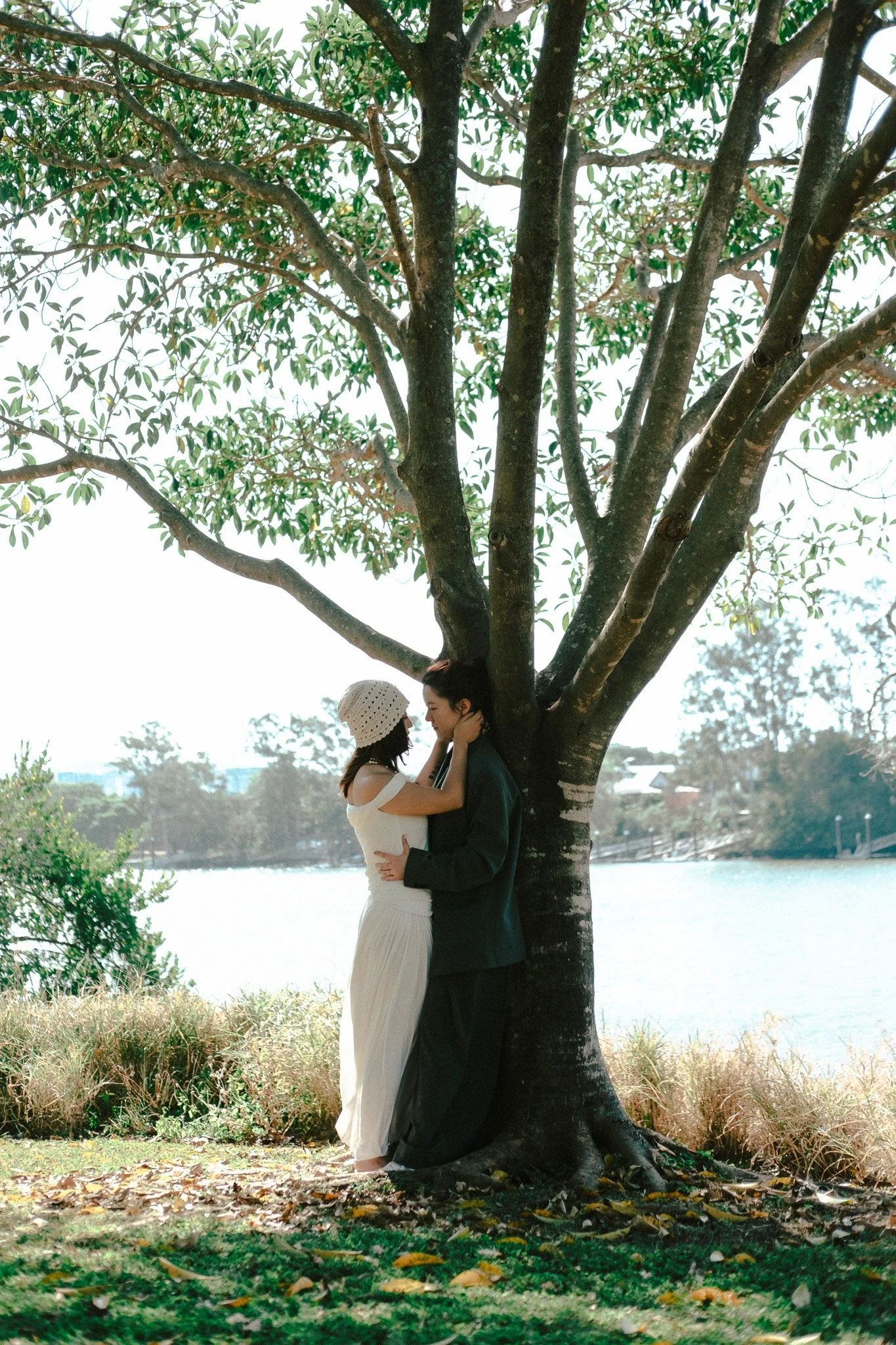 Wide shot of couple embracing under a tree, a lake visible in the open parkland behind them, bright afternoon light