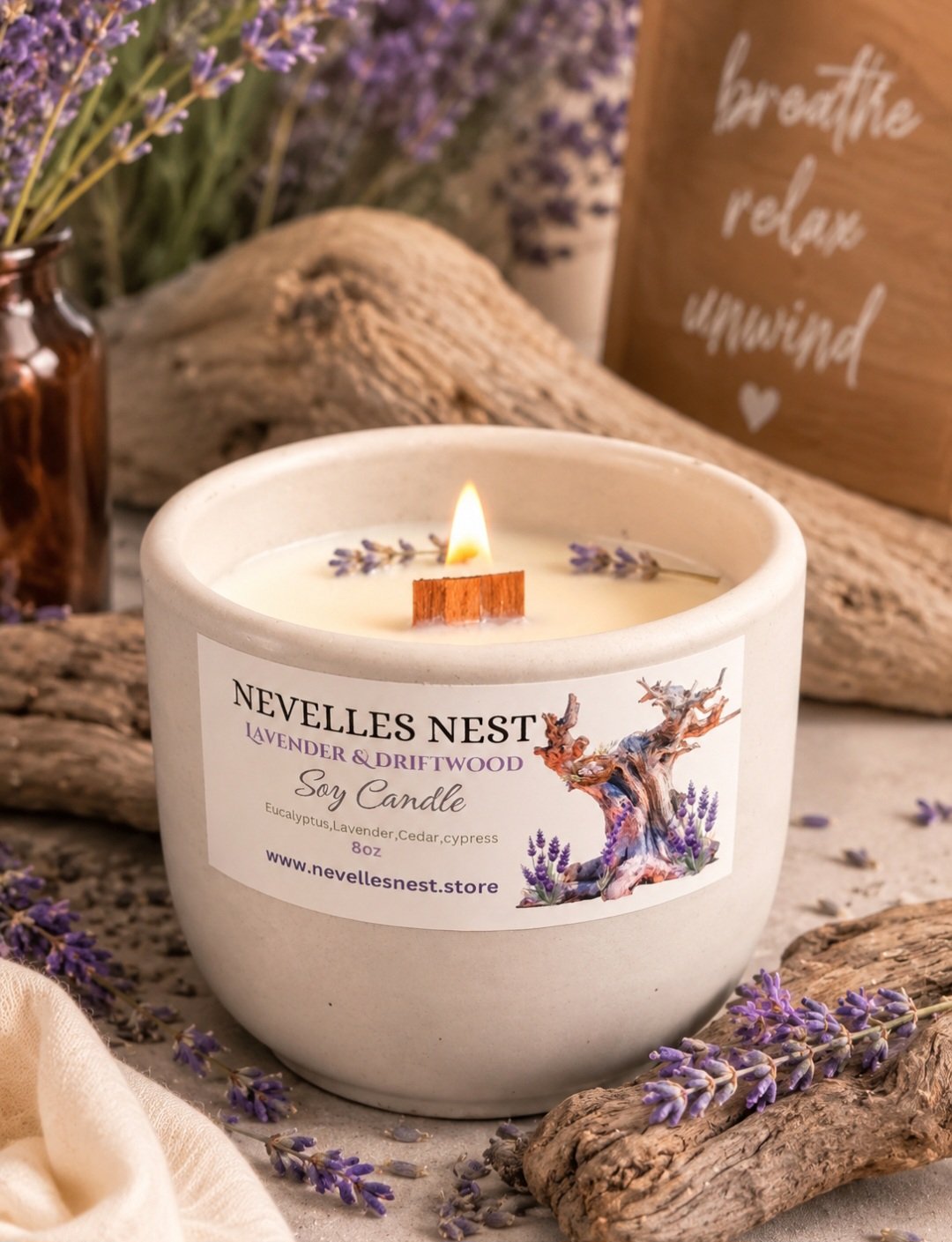 New Lavender and Driftwood soy wax handmade candle