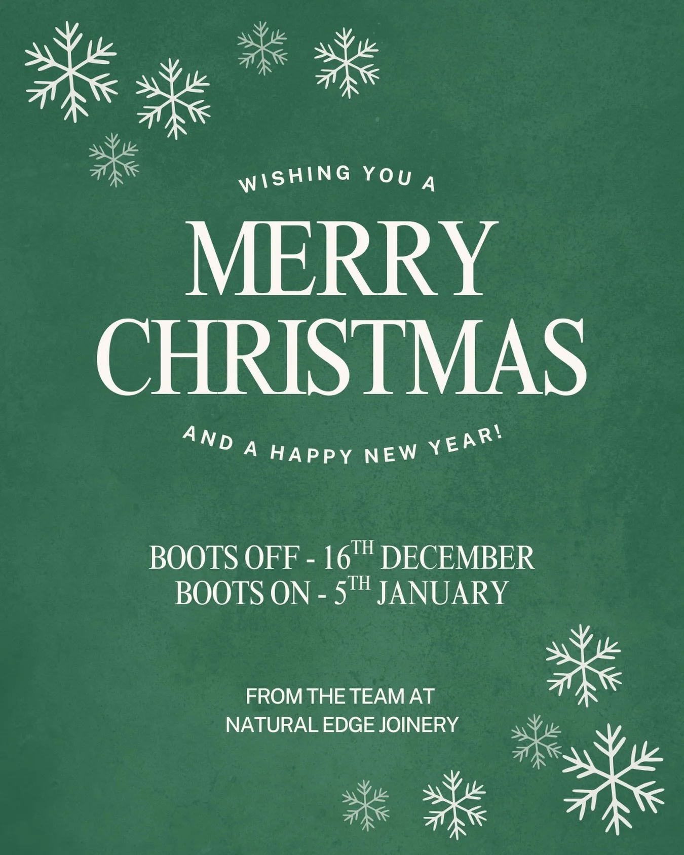 🎄 Christmas Hours 🎄
Boots off 16th December
Boots back on 5th January

Wishing everyone a safe and happy holiday season - we&rsquo;ll see you refreshed and ready in 2026! ✨

Natural Edge Joinery, Christmas hours, Hawkes Bay joinery, Havelock North 