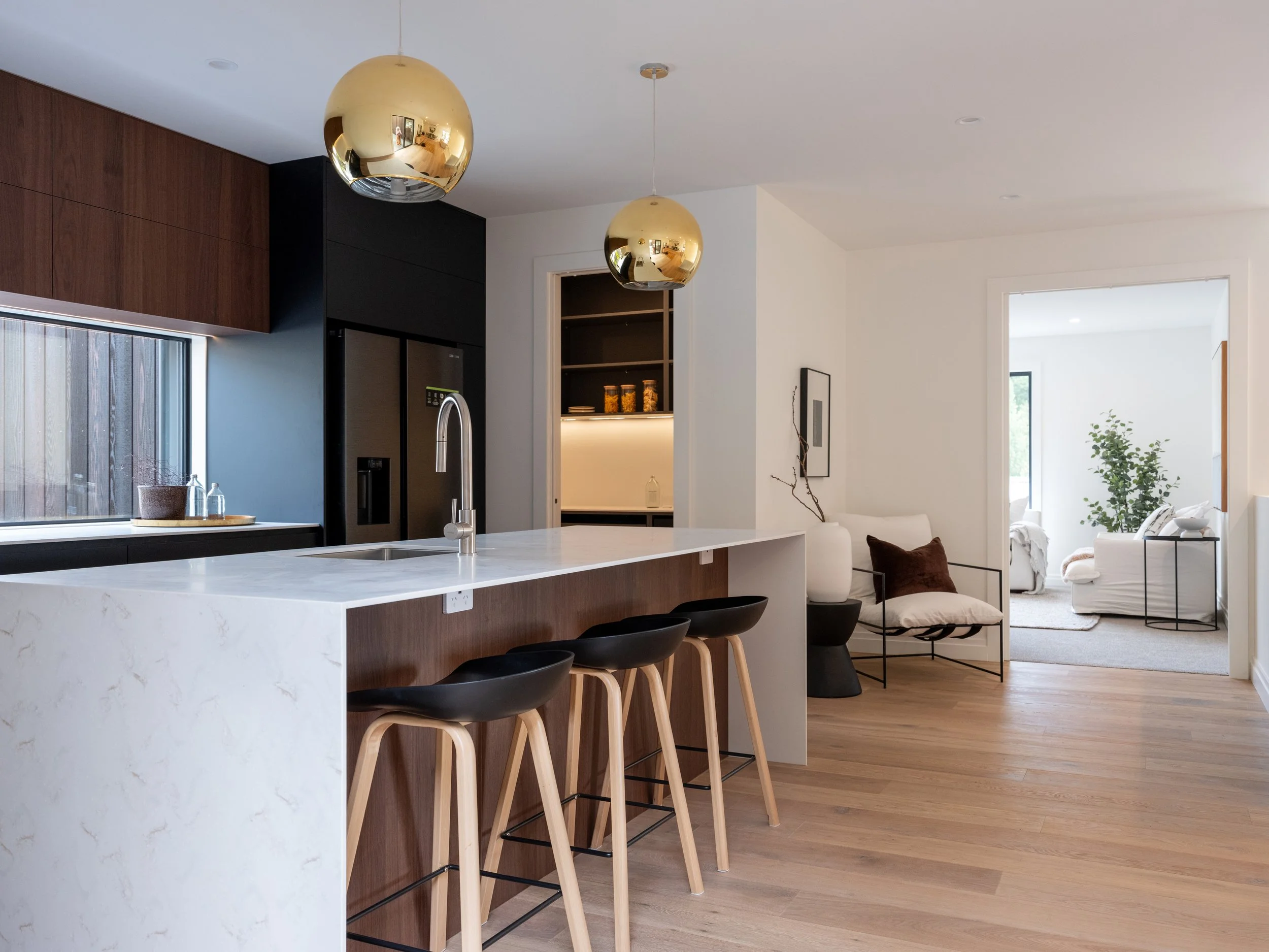 modern kitchen design for a new renovation in Havelock north, hawkes bay. Custom kitchen and large scullery for storage solutions