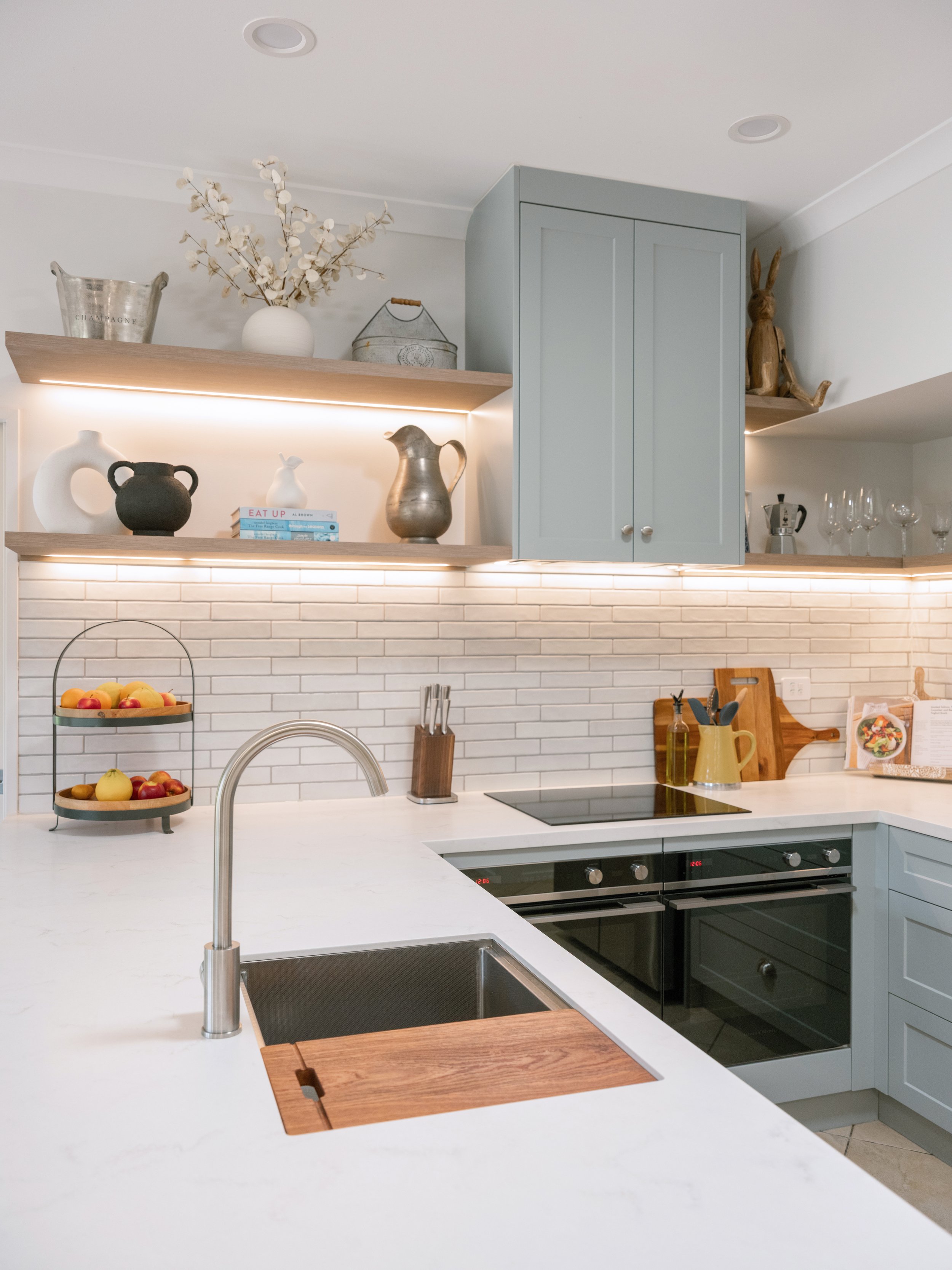 modern, country style kitchen, kitchen renovation, poukawa Hawke's Bay, shaker style floating shelves, family kitchen and scullery