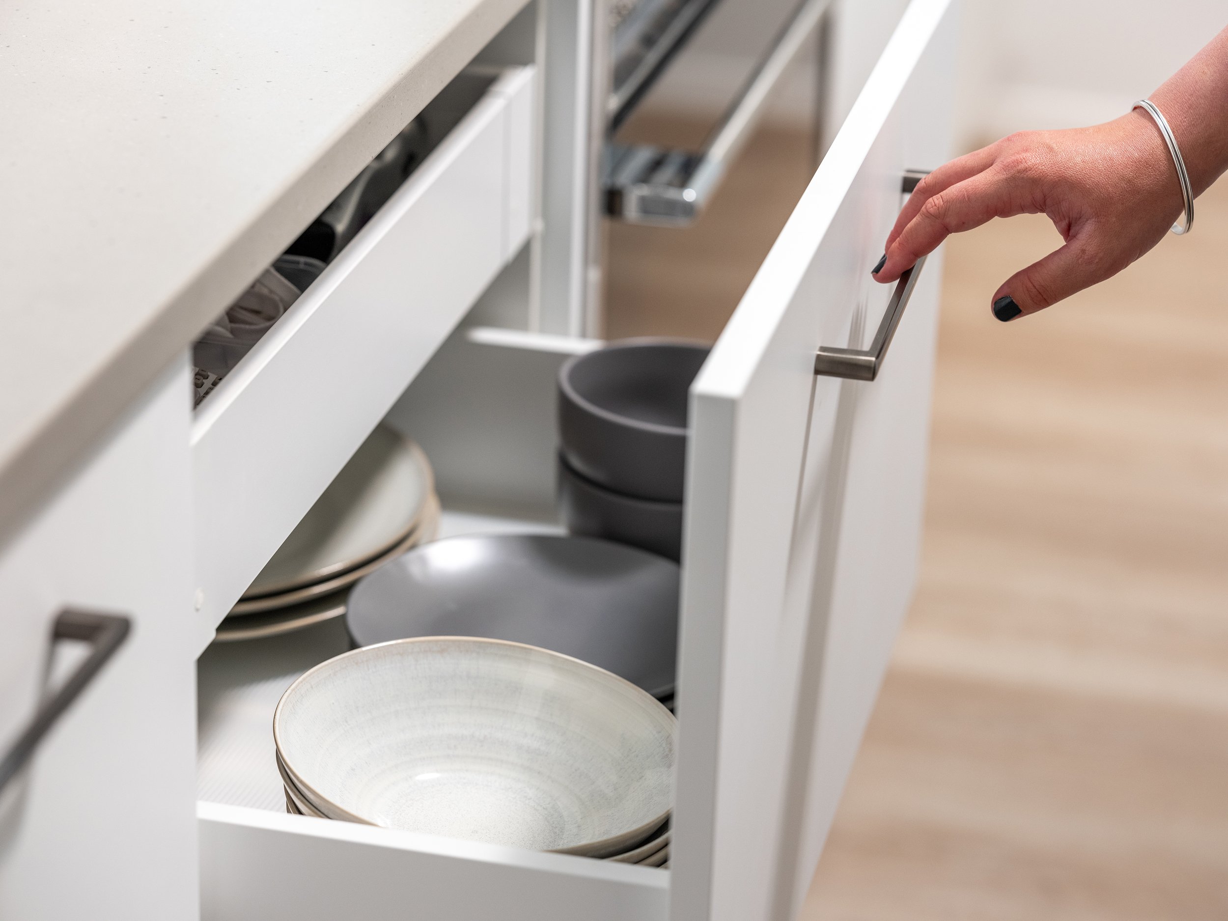 inner drawer, maximise kitchen storage, white kitchen cabinetry, custom kitchen renovation