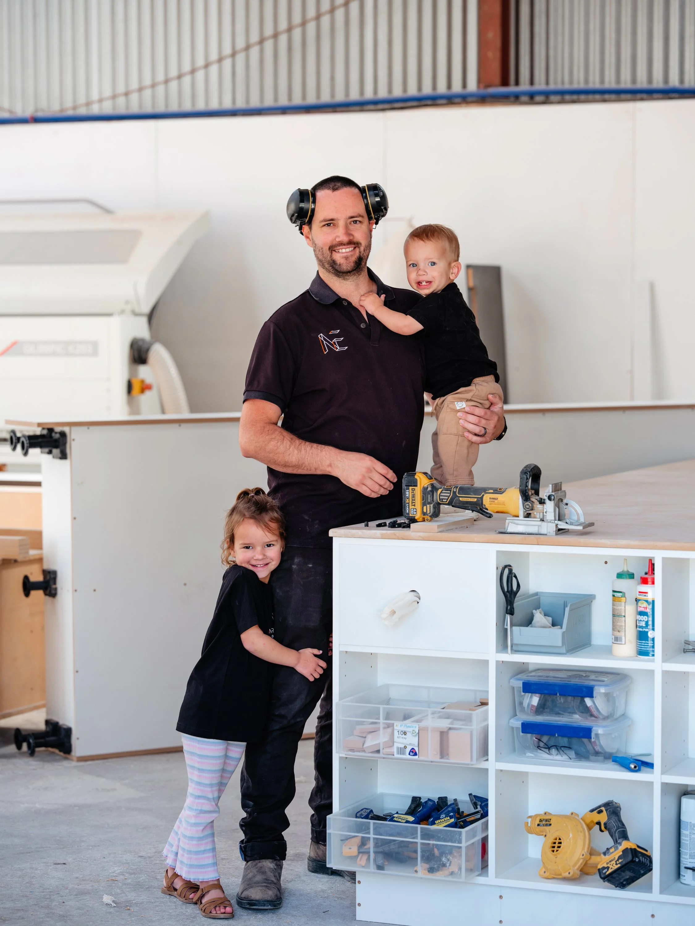 Family owned business local to Havelock North, Hawke's Bay. Workshop family, young kids and Natural Edge Joinery owner.