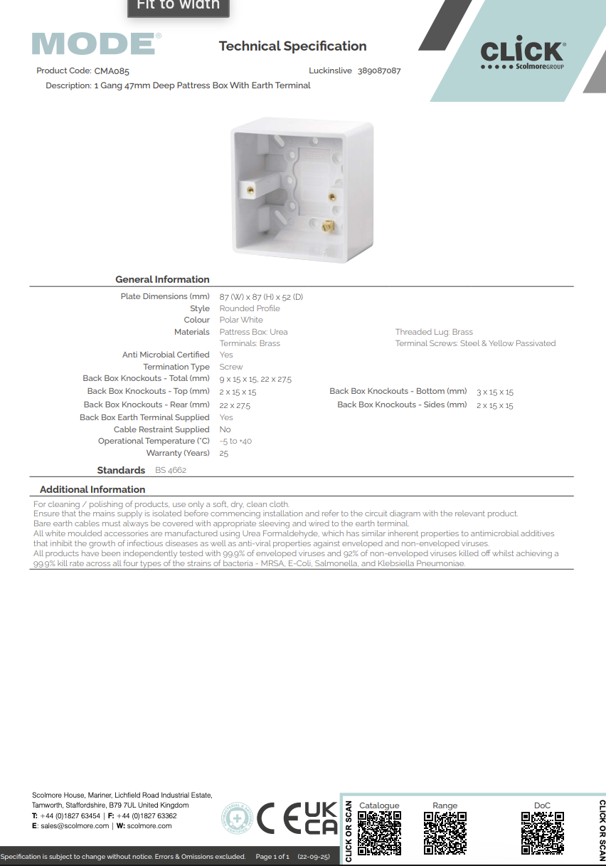 CMA085 1 Gang 47mm Deep Pattress Box With Earth Terminal