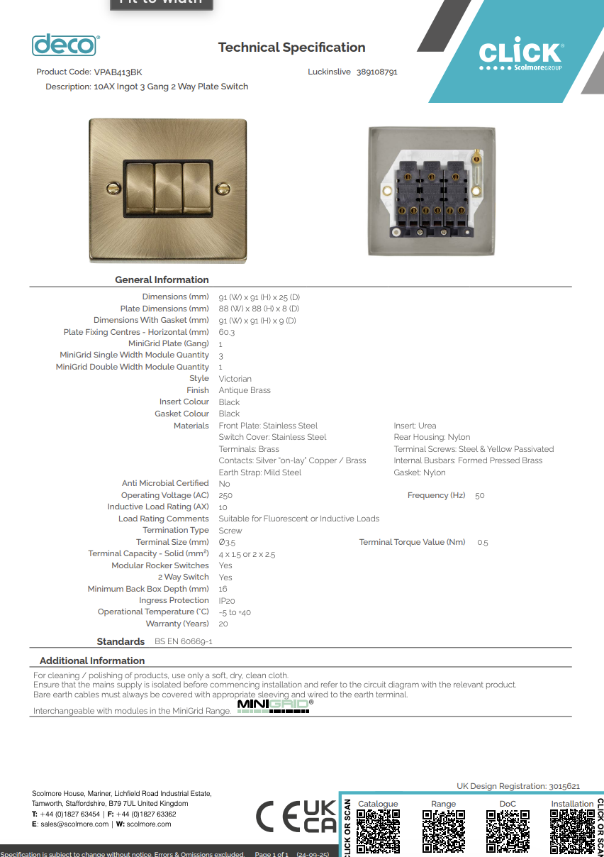 VPAB413BK 10AX Ingot 3 Gang 2 Way Plate Switch