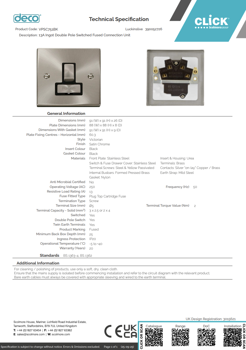 VPSC751BK 13A Ingot Double Pole Switched Fused Connection Unit