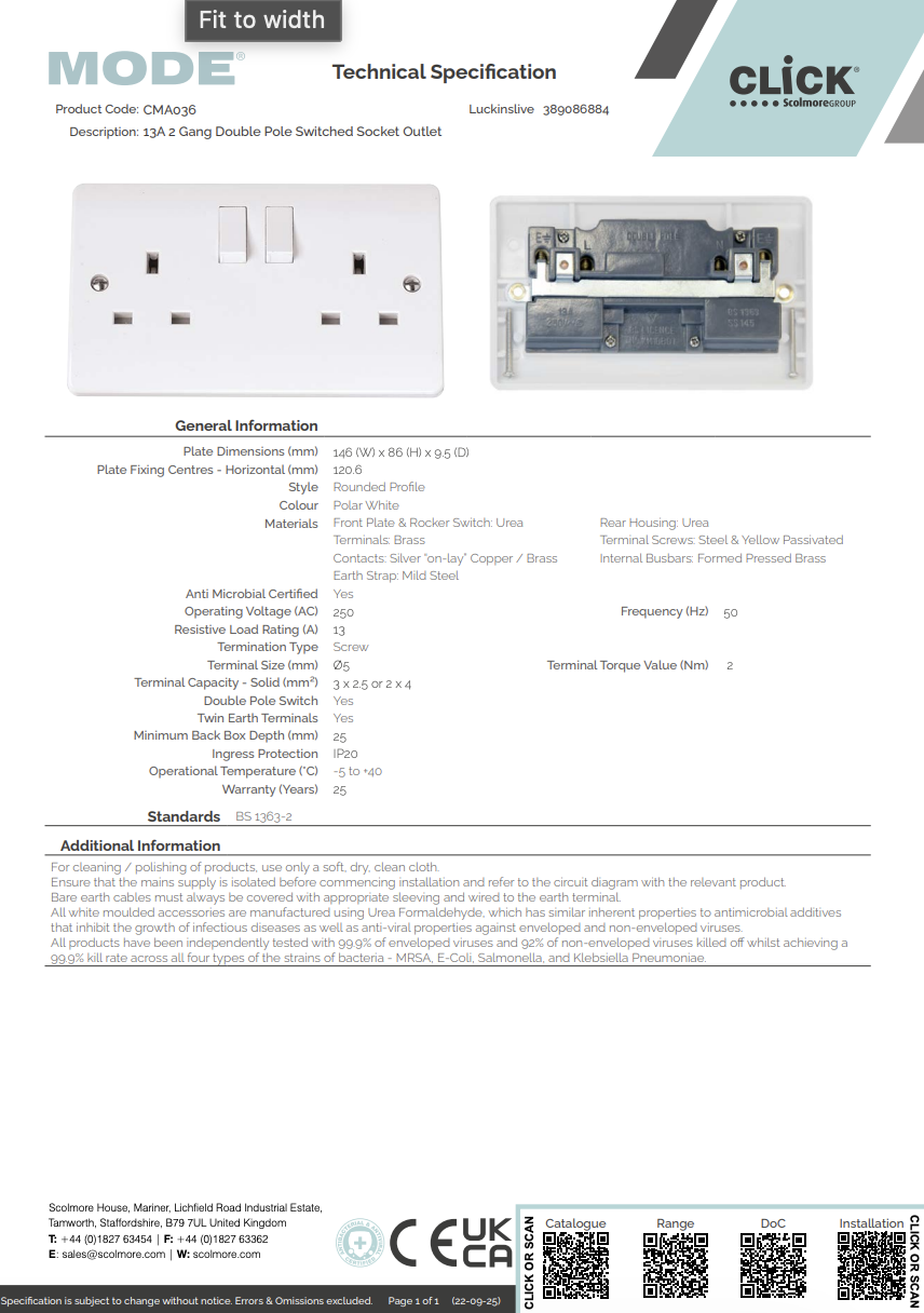 CMA036 13A 2 Gang Double Pole Switched Socket Outlet