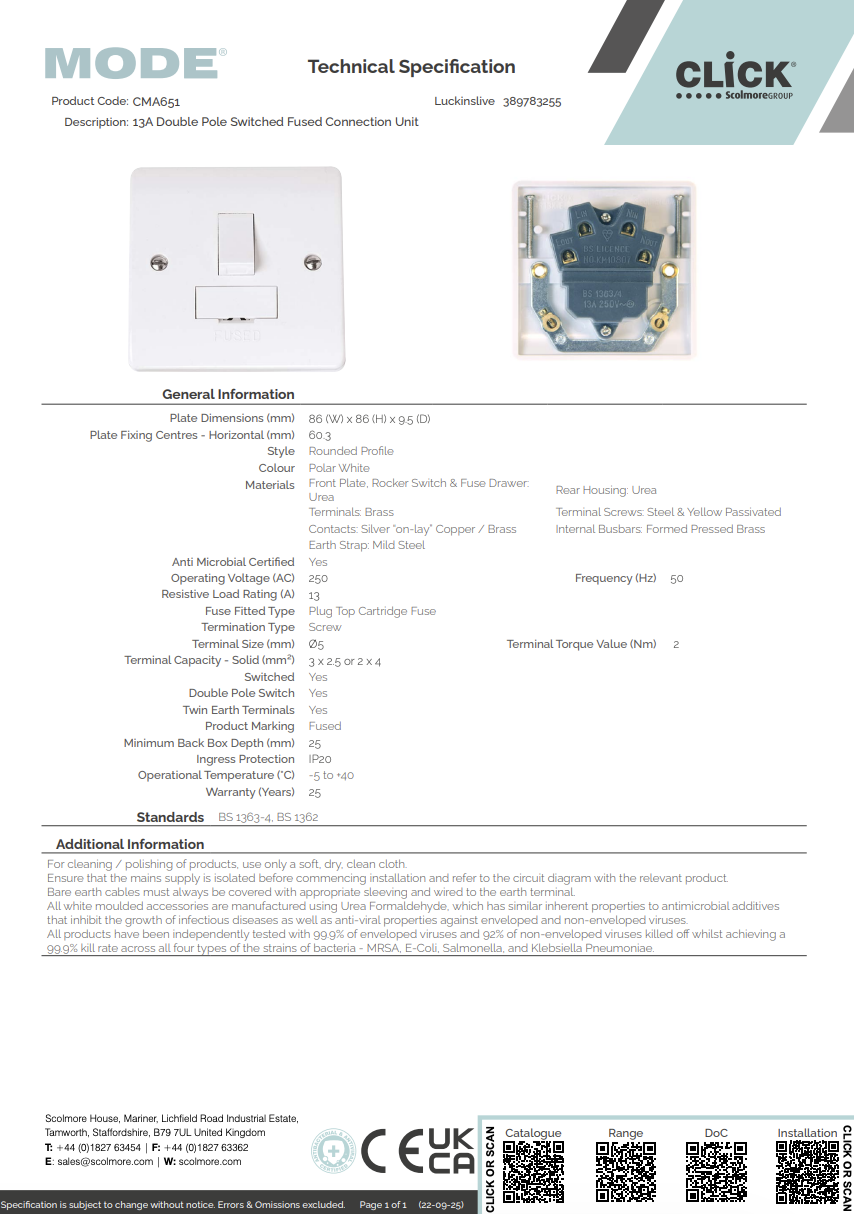 CMA651 13A Double Pole Switched Fused Connection Unit