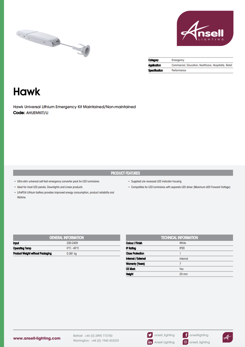 Hawk Universal Lithium Emergency Kit Maintained/Non-maintained AHUEMKIT/LI