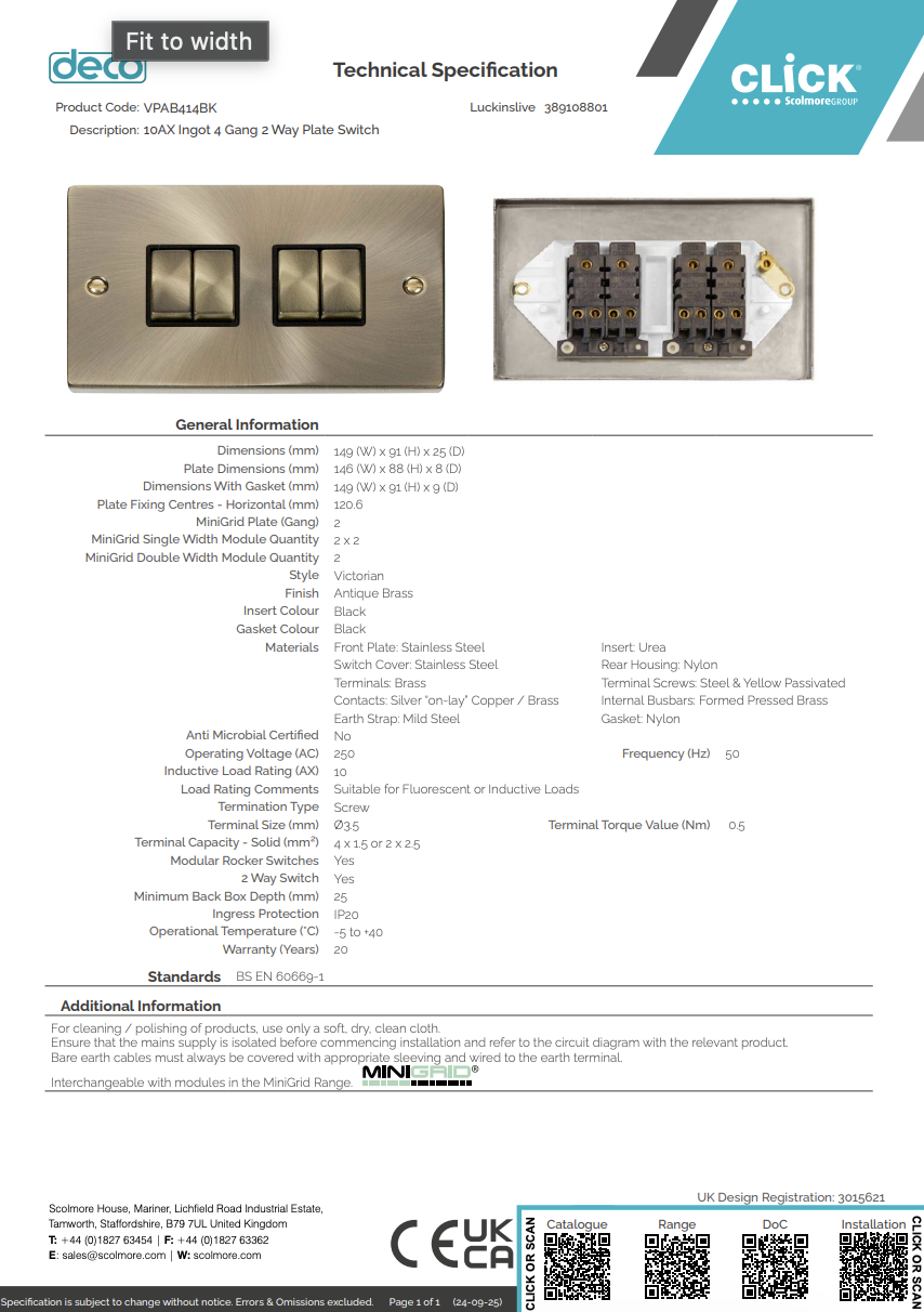VPAB414BK 10AX Ingot 4 Gang 2 Way Plate Switch