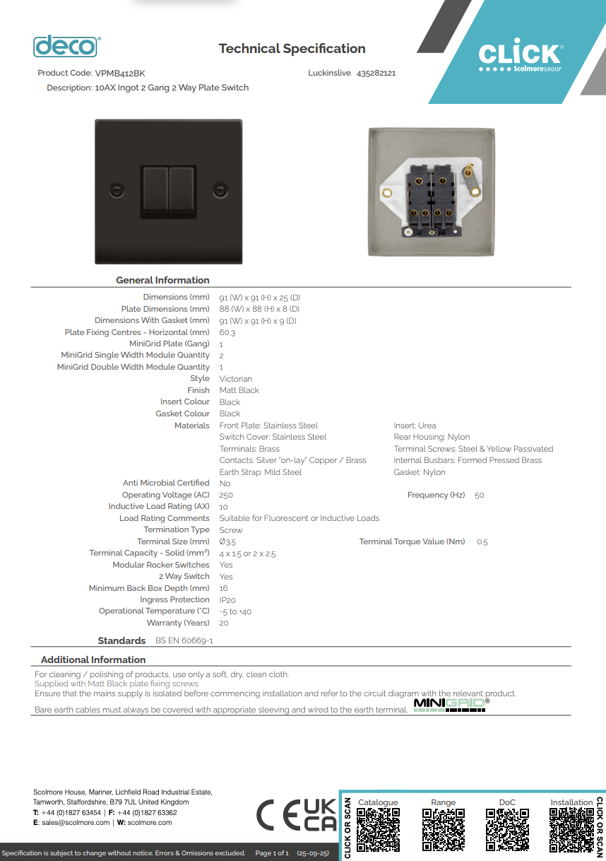 VPMB412BK 10AX Ingot 2 Gang 2 Way Plate Switch
