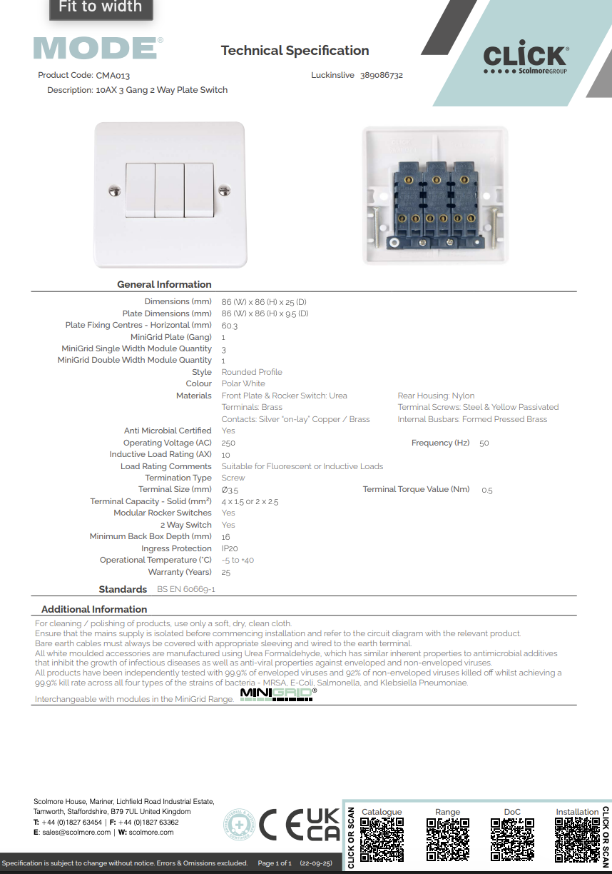 CMA013 10AX 3 Gang 2 Way Plate Switch