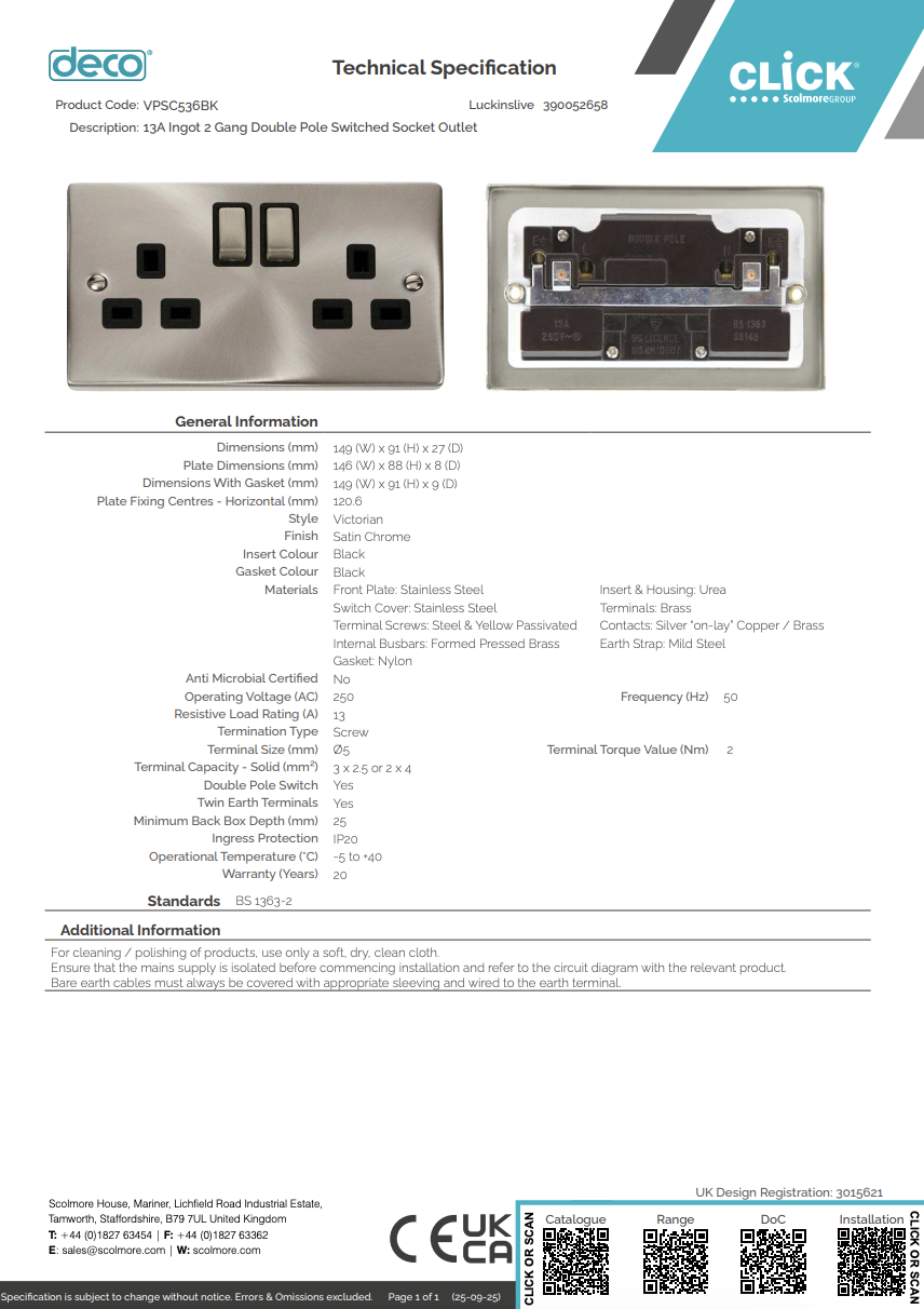 VPSC536BK 13A Ingot 2 Gang Double Pole Switched Socket Outlet