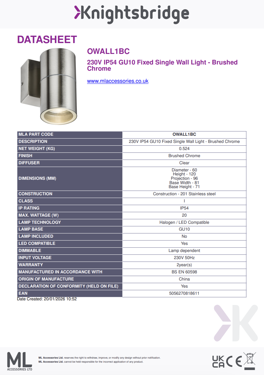 OWALL01BK 230V IP54 GU10 Fixed Single Wall Light - Black