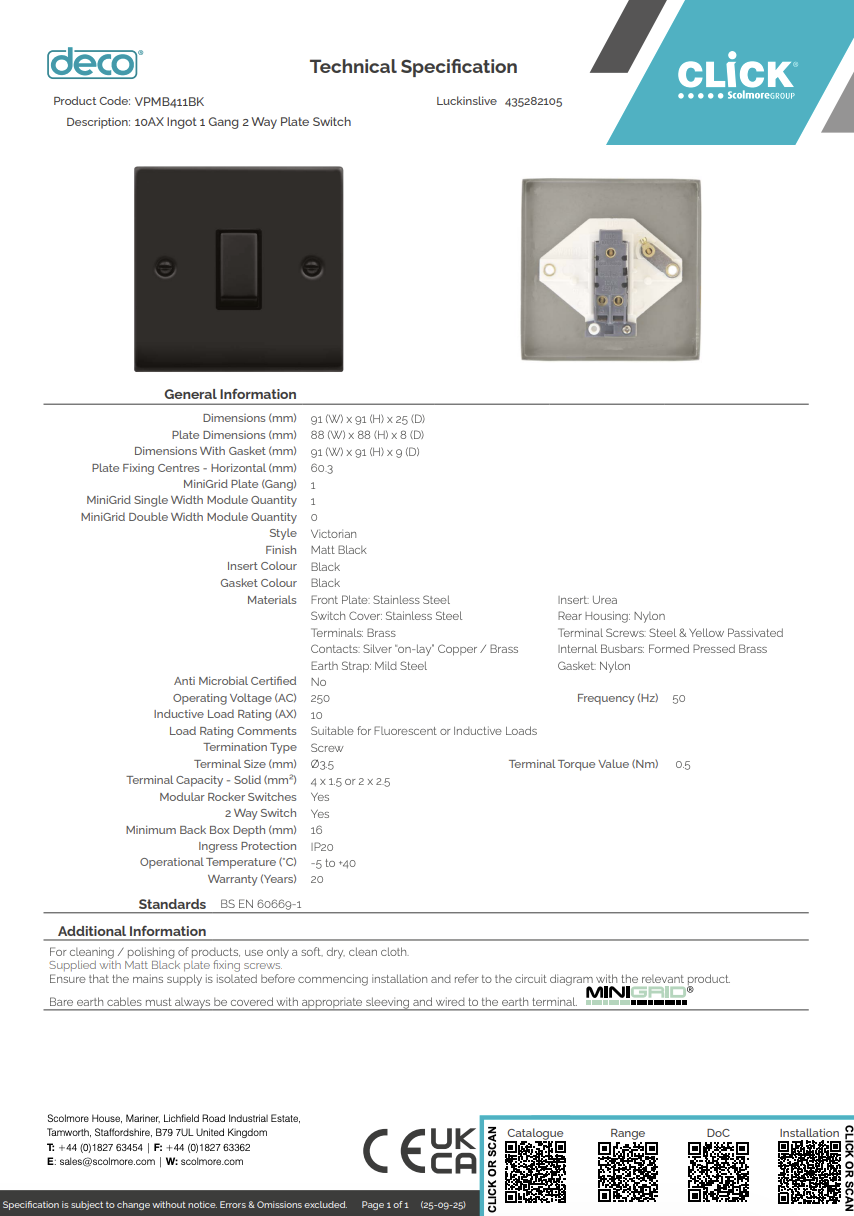 VPMB411BK 10AX Ingot 1 Gang 2 Way Plate Switch