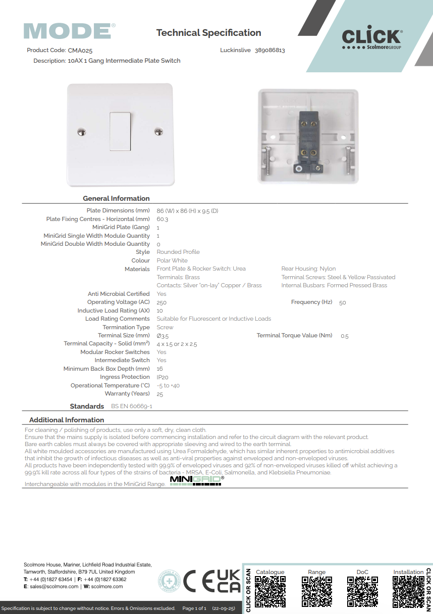 CMA025 10AX 1 Gang Intermediate Plate Switch