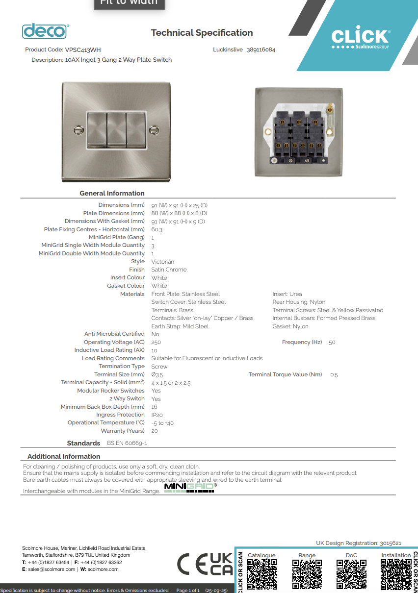 VPSC413WH 10AX Ingot 3 Gang 2 Way Plate Switch