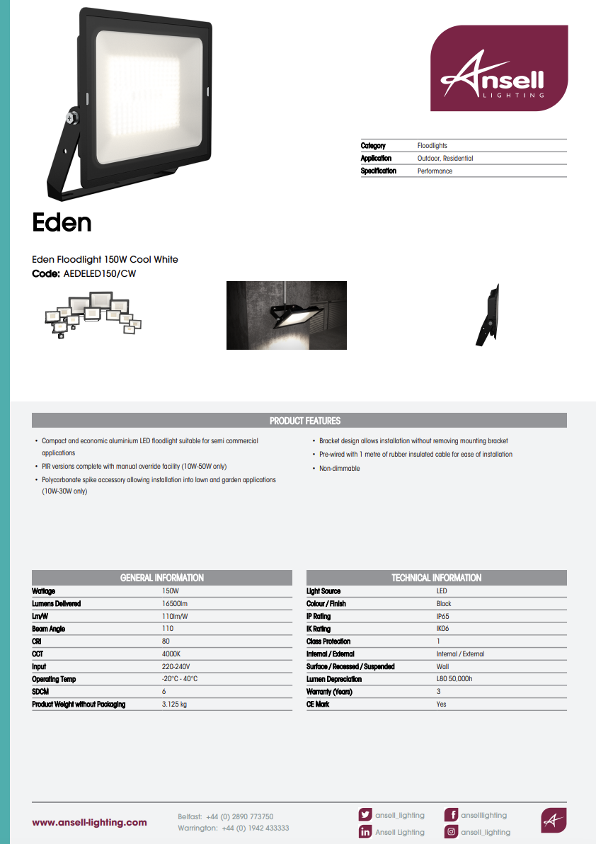 Eden Floodlight 150W Cool White AEDELED150/CW