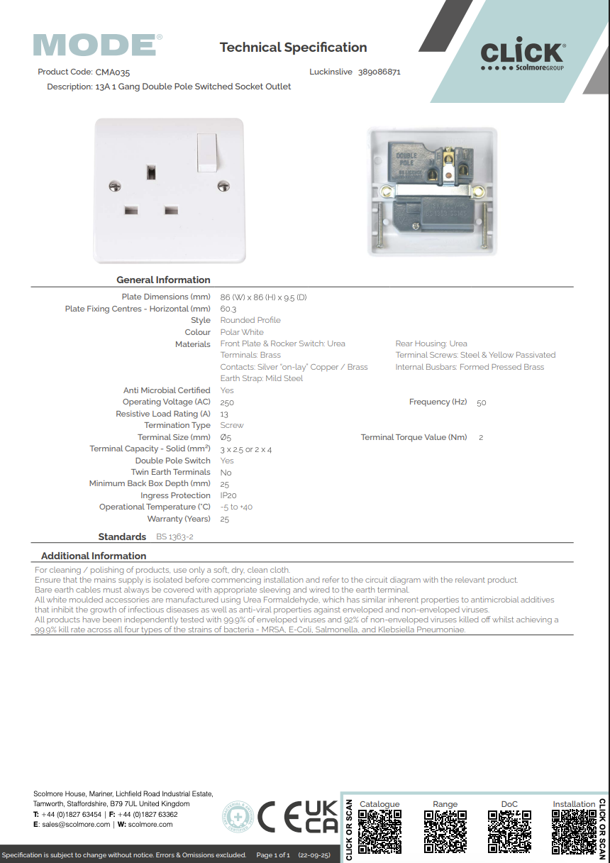 CMA035 13A 1 Gang Double Pole Switched Socket Outlet