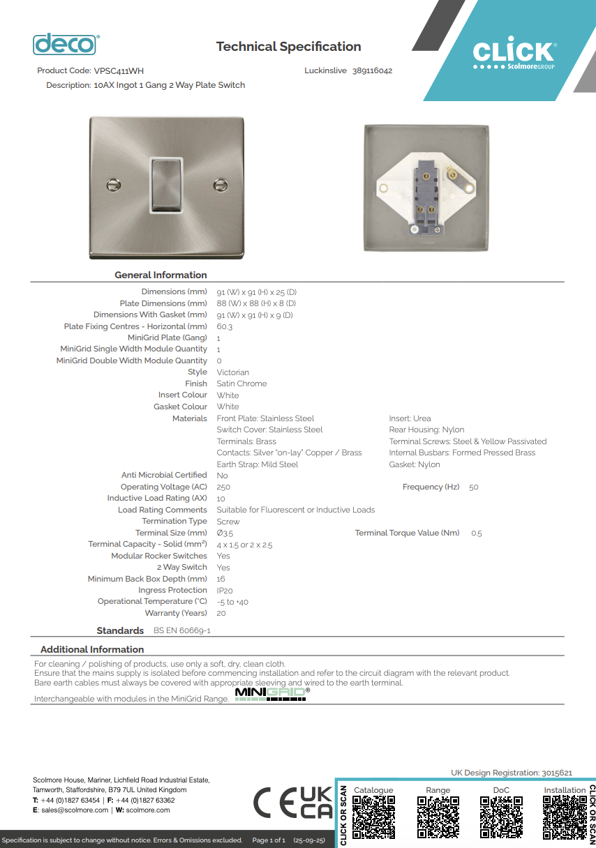 VPSC411WH 10AX Ingot 1 Gang 2 Way Plate Switch