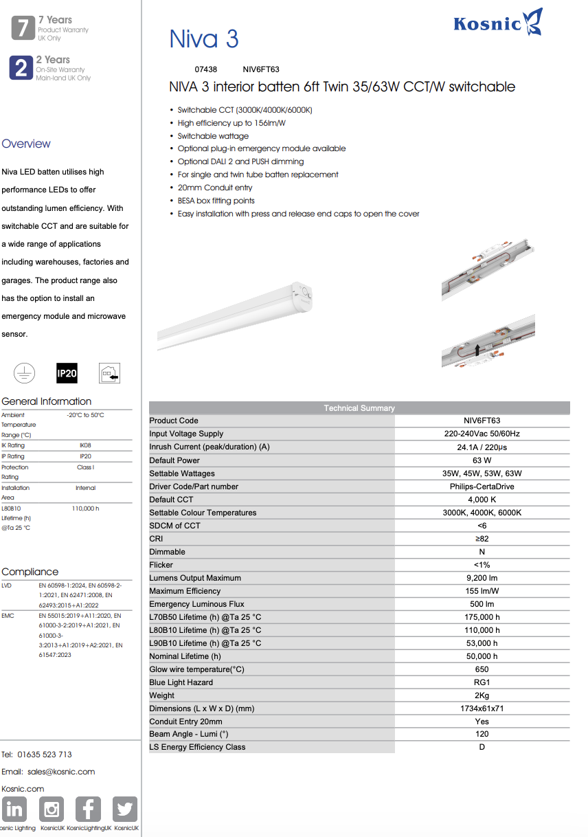 NIVA 3 Interior Batten 6ft Datasheet