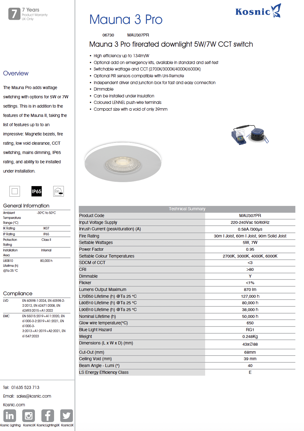 Mauna 3 Pro firerated downlight 5W/7W CCT switch