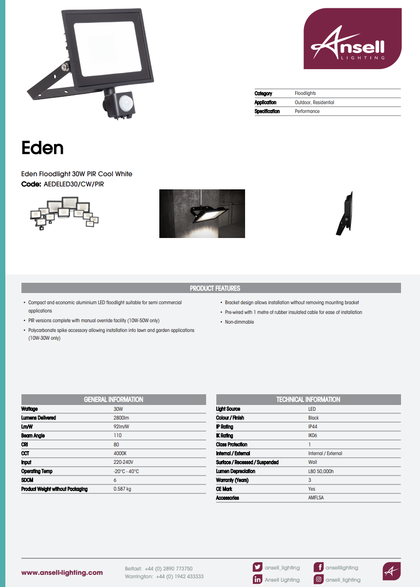 Eden Floodlight 30W PIR Cool White AEDELED30/CW/PIR