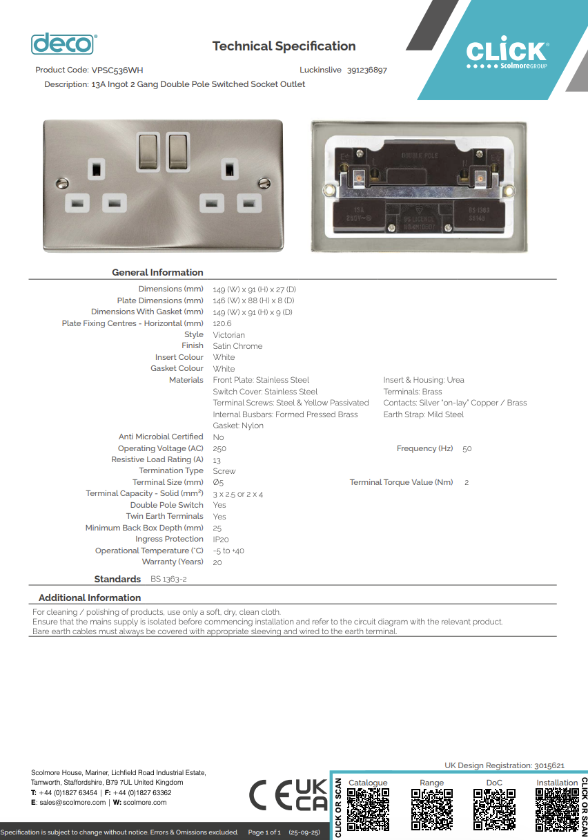VPSC536WH 13A Ingot 2 Gang Double Pole Switched Socket Outlet