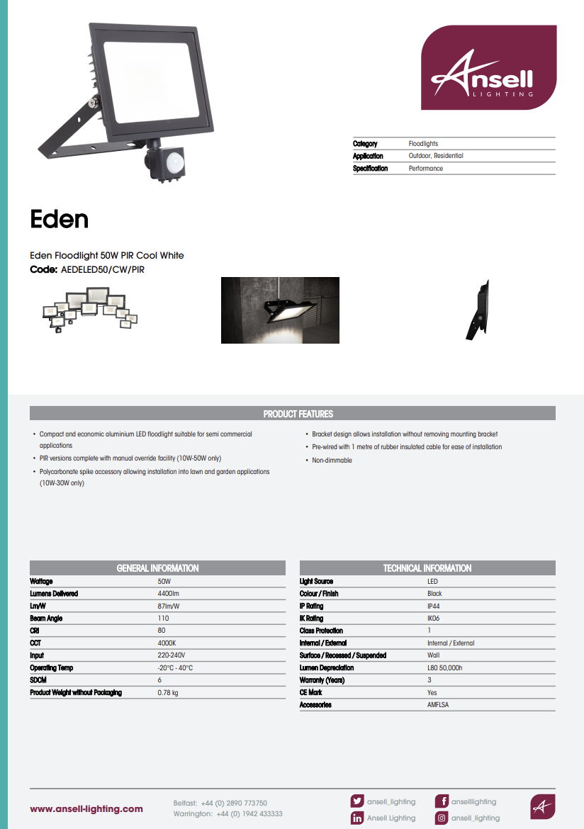 Eden Floodlight 50W PIR Cool White AEDELED50/CW/PIR