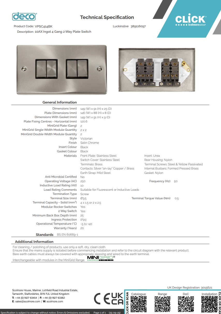 VPSC414BK 10AX Ingot 4 Gang 2 Way Plate Switch