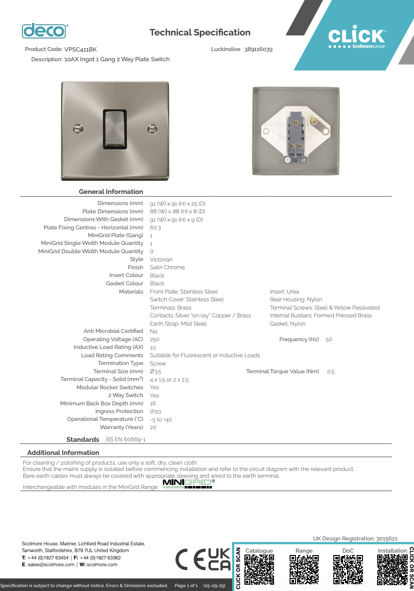 VPSC411BK 10AX Ingot 1 Gang 2 Way Plate Switch
