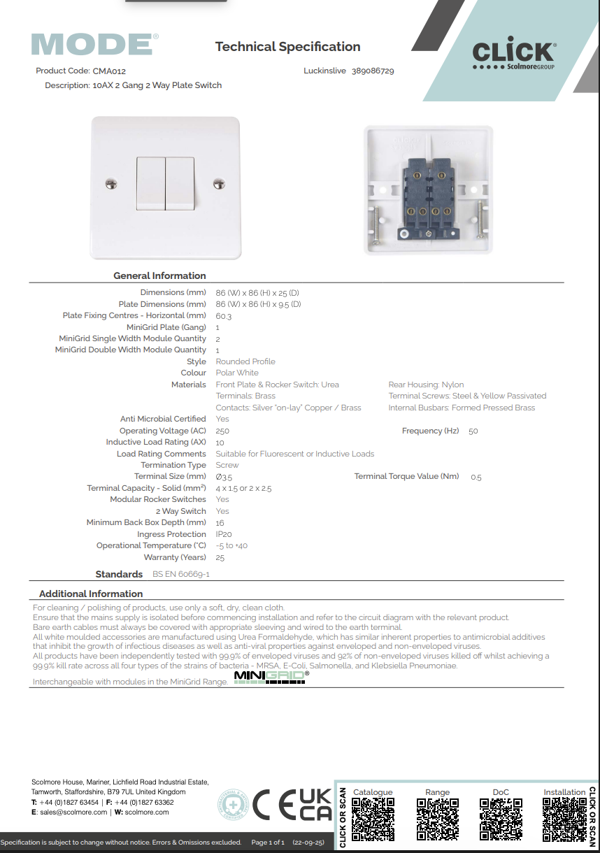 CMA012 10AX 2 Gang 2 Way Plate Switch