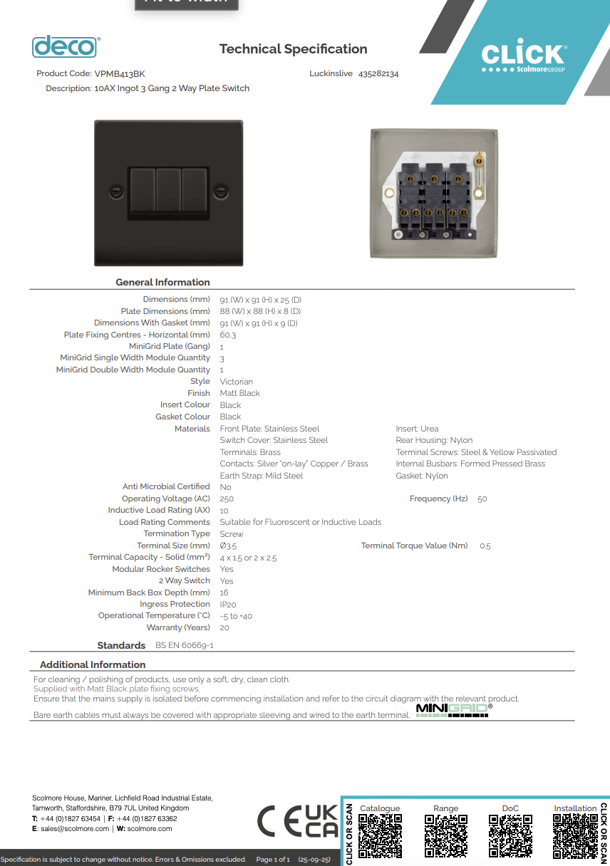 VPMB413BK 10AX Ingot 3 Gang 2 Way Plate Switch