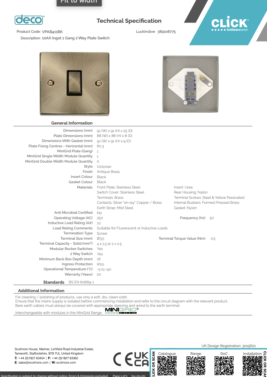 VPAB411BK 10AX Ingot 1 Gang 2 Way Plate Switch
