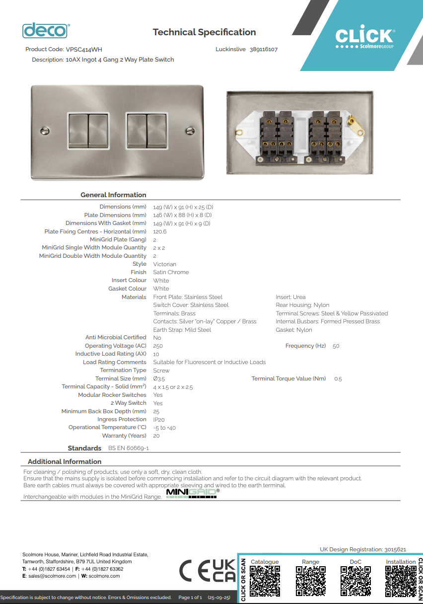 VPSC414WH 10AX Ingot 4 Gang 2 Way Plate Switch