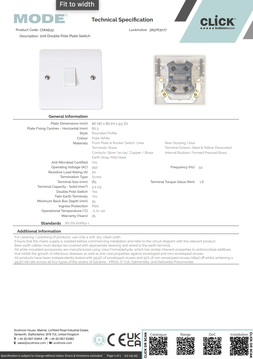 CMA622 20A Double Pole Plate Switch
