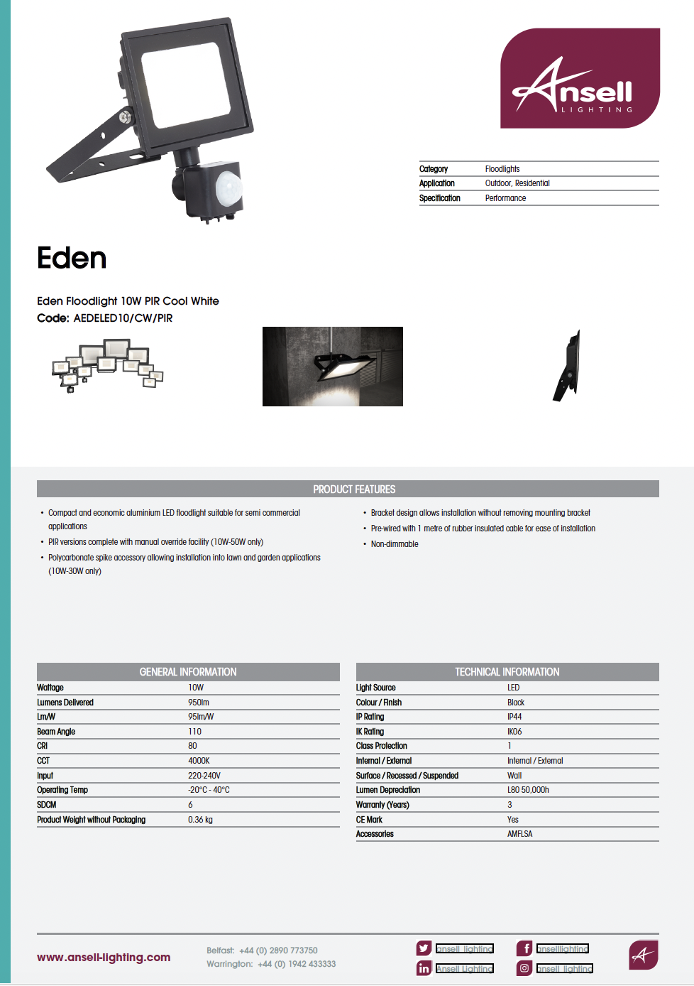 Eden Floodlight 20W Cool White AEDELED20/CW