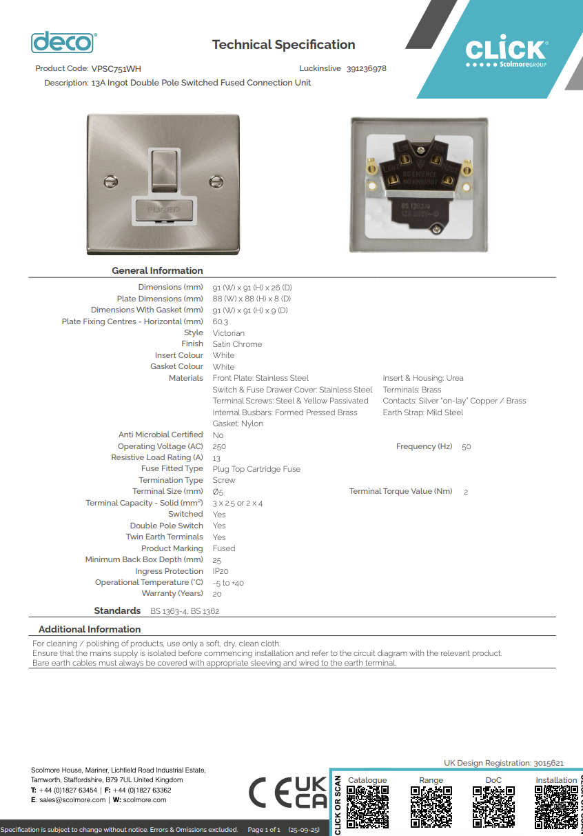 VPSC751WH 13A Ingot Double Pole Switched Fused Connection Unit
