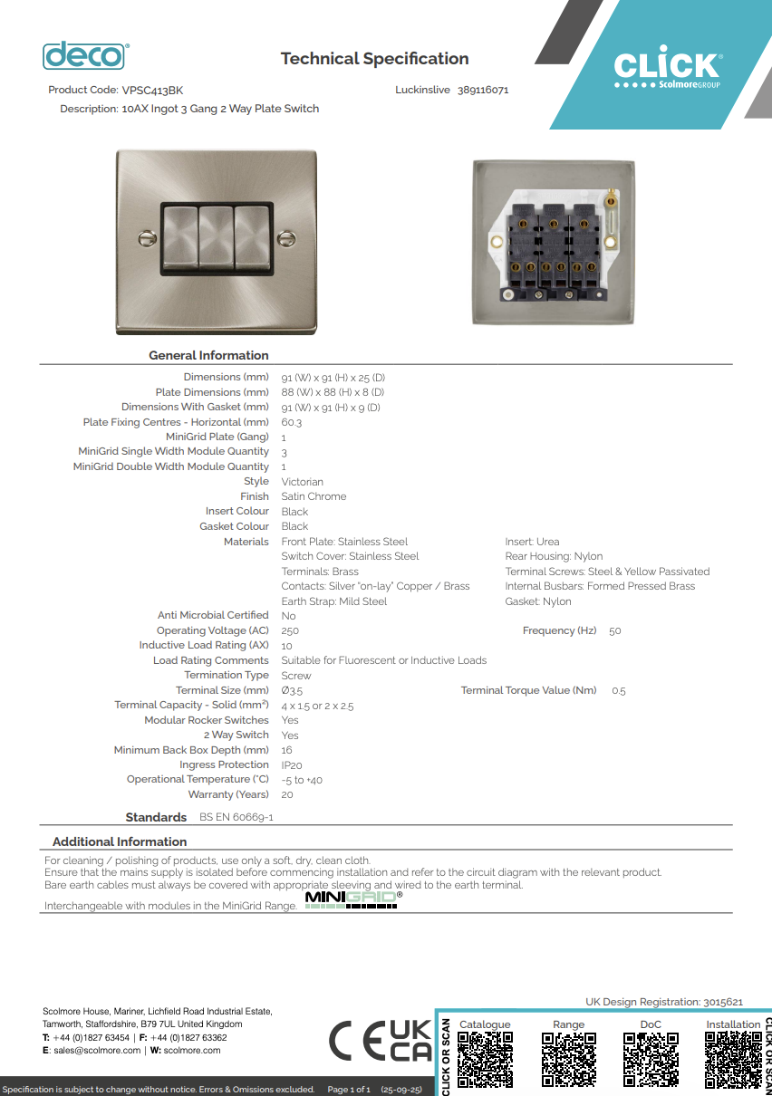 VPSC413BK 10AX Ingot 3 Gang 2 Way Plate Switch