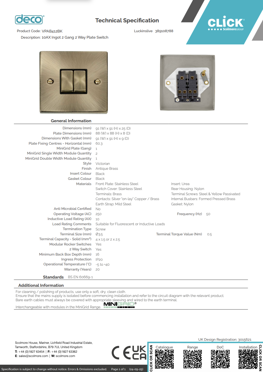 VPAB412BK 10AX Ingot 2 Gang 2 Way Plate Switch